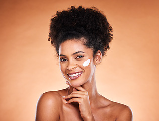 Image showing Skincare cream, face product and black woman with dermatology creme for healthcare, acne or melasma prevention. Facial cosmetics, beauty treatment glow or portrait model with moisturizing skin lotion