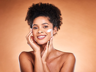 Image showing Skincare, beauty and black woman with face cream in studio for moisturizing on brown background. Portrait, smile and happy female model with facial lotion, creme or cosmetics product for healthy skin