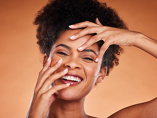 Image showing Beauty, skincare and face portrait of black woman with glowing skin routine, self love and happy with luxury facial treatment. Spa salon, makeup cosmetics and model satisfied with skin care routine