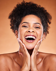 Image showing Black woman, beauty and satisfaction in joy for skincare, makeup or cosmetics against a studio background. Portrait of African American female with big smile in happiness for perfect skin treatment