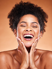 Image showing Excited, skincare and beauty black woman in studio for makeup, cosmetics and facial wellness glow, shine and healthy skin promotion. Happy young model with skin care, dermatology or self love face