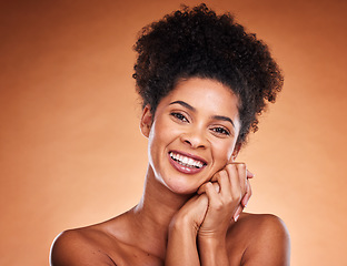 Image showing Beauty, skincare and happy with portrait of black woman for luxury, spa and natural. Smile, cosmetics and wellness with girl model for self love, confidence and health in studio background