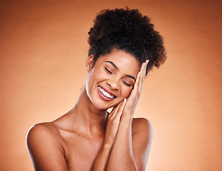 Image showing Beauty skincare, self care and face of black woman with soft glowing skin, luxury facial care or satisfied with natural treatment. Makeup, dermatology and aesthetic model happy with self love routine