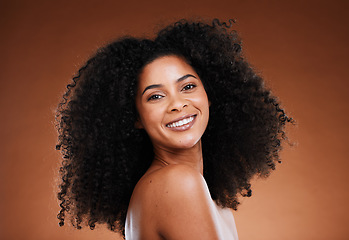 Image showing Black woman, hair care and skincare with beauty, smile and content with cosmetics, wellness and healthy teeth. Happy model, makeup and clean dental, mouth and afro hairstyle, happiness and portrait