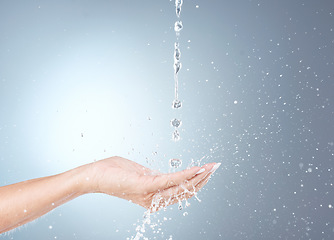 Image showing Hand, skincare and water splash for clean skin, hygiene and morning beauty routine mockup. Natural hydration, facial moisturization and liquid refreshment on a gray studio background for advertising