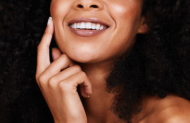 Image showing Black woman, smile and touch face with natural beauty, pride and confident with curly hair. Cosmetics, African American female and young lady with skincare, happy and organic facial with smooth skin