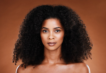 Image showing Beauty, hair care and portrait of black woman with skincare treatment, luxury facial cosmetics or clean glowing skin. Self care routine, makeup and face of model with afro hair volume after spa salon