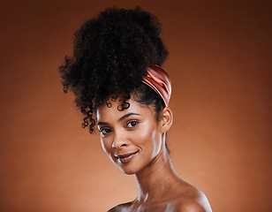 Image showing Black woman, skincare and hair care for beauty glow or natural cosmetics makeup. African model, luxury facial care wellness or self love motivation, self care and health in brown background studio