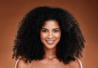 Image showing Hair care, natural and beauty black woman studio portrait for healthy hair growth in cosmetics, makeup and skincare wellness promotion. Young, african model smile for skin care, self love and salon