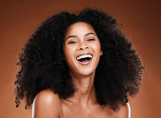 Image showing Black woman afro, beauty and smile for skincare, makeup or cosmetics against a studio background. Portrait of African American female model smiling in happiness or satisfaction for perfect skin