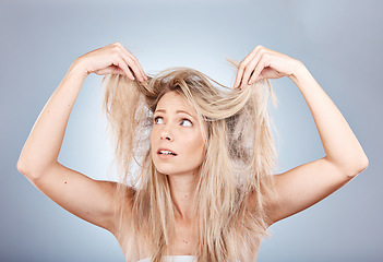 Image showing Hair care, stress and woman sad about frizz, split ends and messy style against a grey studio background. Frustrated, unhappy and angry model with problem with her hair, frustration and worry
