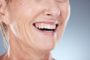 Image showing Smile of senior woman with dental teeth care, oral hygiene and happy with luxury self care treatment. Healthcare, diy tooth cleaning or mouth of aesthetic model satisfied with teeth whitening routine