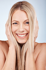 Image showing Hair, woman and portrait of a beauty woman for healthy haircare on a grey studio background. Hair care, wellness and hair care for a female with a hairstyle looking happy with her healthy hair