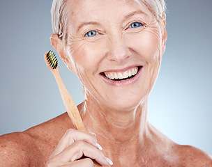 Image showing Mature woman, portrait and toothbrush for dental health, hygiene and wellness and oral care. Dental, oral and teeth for clean treatment to prevent cavity with mouth hygiene for oral health