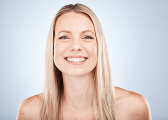 Image showing Hair care, cosmetics and portrait of a woman with a smile against a grey studio background. Skincare, wellness and face of a happy model with straight hair from the hairdresser with clean shine