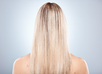 Image showing Woman, hair and back of a blonde lady with keratin treatment hairstyle or grooming. Beauty salon, natural blond or glossy haircare of a person with straightened style, cosmetology and balayage