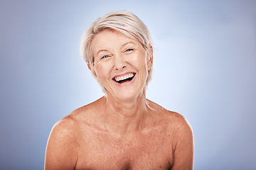 Image showing Skincare, wellness and portrait of senior woman with smile in studio on blue background. Beauty, makeup and happy old woman with natural skin for antiaging beauty products, dermatology and cosmetics