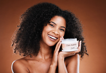 Image showing Hair, beauty and black woman with treatment for portrait aesthetic health and wellness on a brown studio background. Hairstyle, cream and moisturiser with an african american female for cosmetics