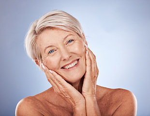 Image showing Skincare, senior woman and portrait in studio for healthy glow, natural makeup or antiaging facial on mockup marketing or advertising space. Happy face, old woman model and skin care health headshot