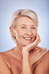 Image showing Senior woman, beauty and face, skincare and dermatology wellness for wrinkles, anti aging cosmetics and healthy skin on studio background. Portrait of happy mature lady, body care and aesthetic glow
