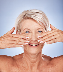 Image showing Skincare, manicure and portrait senior woman with a wellness, health and beauty skin routine in a studio. Cosmetics, anti aging and elderly lady with facial treatment for wrinkles by gray background.