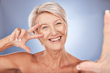 Image showing Mature woman, peace sign or face selfie on studio background in wellness health success, dermatology progress or fun self love. Portrait, happy smile or skincare beauty model in cool hand gesture pov