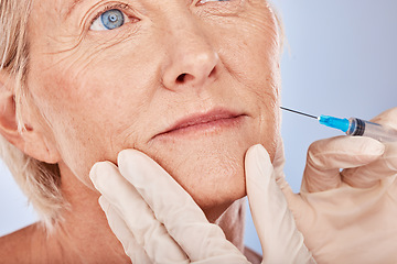 Image showing Botox, injection and antiaging with a senior woman in studio on a gray background with hands in gloves for treatment. Wrinkles, wellness and cosmetics with a mature female patient and plastic surgeon