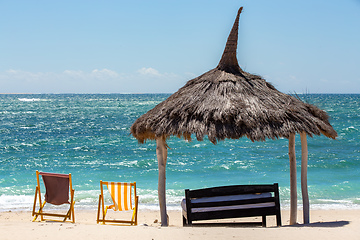 Image showing Anakao beach in Madagascar, with a clear blue sky, a comfortable sun lounger