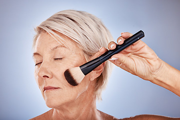 Image showing Portrait of elderly woman, beauty and makeup brush product cosmetics for natural glow, anti aging skincare and spa treatment. Senior lady, gray studio background and advertising or marketing mockup