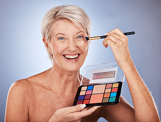 Image showing Makeup, portrait and senior woman with brush to apply luxury product, facial cosmetics or anti aging skincare. Healthcare, wellness and happy elderly model with aesthetic foundation pallet for beauty