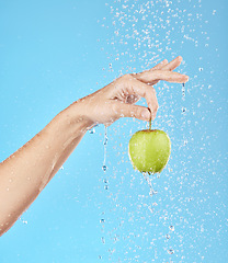 Image showing Water, splash and hand with apple in studio for health, nutrition and wellness. Natural diet, healthy eating and person holding fruit with water splash, drop and stream isolated on blue background