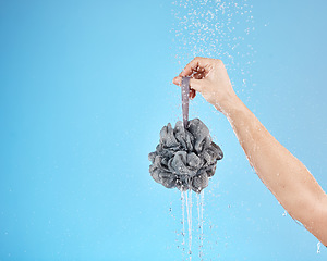 Image showing Shower, water and hands of woman with loofah for daily bathroom routine, body cleaning and self care. Skincare mockup, hygiene and wet girl washing with body care product isolated on blue background