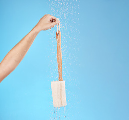 Image showing Cleaning, shower and hand with loofah for beauty or healthcare grooming in studio. Cosmetics sponge, wash and healthy skincare exfoliate scrub for washing morning routine in blue background bathroom