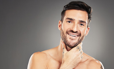 Image showing Skincare, beauty and portrait of man in studio with smile isolated on gray background for body care. Cosmetics, wellness and face of male model pose for grooming, healthy skin and skincare products