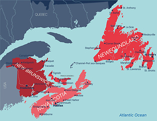 Image showing Vector color editable map of Atlantic provinces of Canada New Brunswick, Nova Scotia, Prince Edward Island and province of Newfoundland