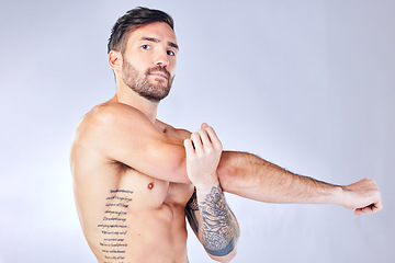 Image showing Fitness, stretching and man in studio for muscle, body and skincare wellness, motivation and power on mockup marketing space. Strong, sports and training model with exercise portrait for advertising