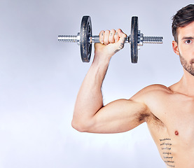 Image showing Dumbbell, exercise and portrait of man in studio isolated on a gray background. Workout, health and bodybuilder or fitness model weightlifting, exercising and training for muscle or strength mock up.