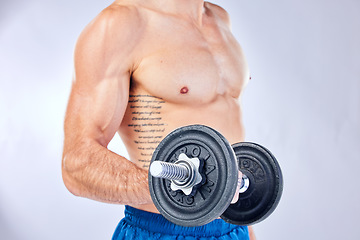 Image showing Weightlifting, fitness and man training his arms for muscle against a white studio background. Exercise, workout and strong athlete model with weights for bodybuilding, health and motivation