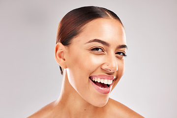 Image showing Black woman, smile and face portrait for beauty, health and cosmetic skin in studio for wellness. Woman, healthy skincare and makeup for model with happy radiant glow facial by cosmetics background