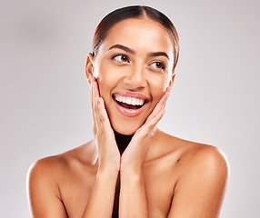 Image showing Skincare, beauty and black woman facial glow in studio mockup for natural makeup wellness, healthy shine and youth cosmetics. Girl model happy with face skin care, self love and dermatology results