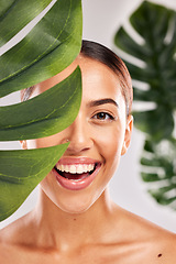 Image showing Skincare, beauty and portrait of woman with plant in studio for wellness, luxury and spa. Body care, makeup and girl with smile on face for natural beauty products, cosmetics and skincare products