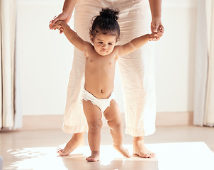 Image showing Child development, mother and teaching baby, walking and helping kid for bonding. Love, childhood and mama with toddler, take first steps and growth for learning, loving or happy for movement or care