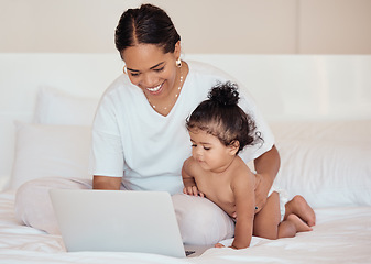 Image showing Mother, crawling baby and laptop on bed of black family bedroom of freelancer working from home on maternity leave. Happy mom, love and remote work job with child development, learning and exercise