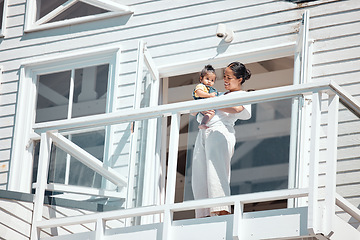 Image showing Balcony, holiday and family or mother with baby for summer, wealth and real estate happiness, investment or house outdoor. Happy, care and mom with child together for vacation home, villa or property