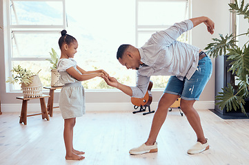 Image showing Happy family, dance and dad and child holding hands, bond and enjoy fun quality time together for Fathers Day. Love, happiness and black man bow to girl while dancing, playing and teaching youth kid