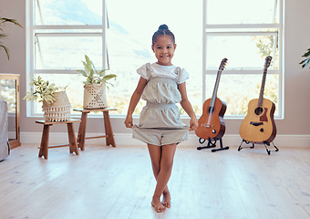 Image showing Girl, dance and ballet in home portrait for training, lesson or class in music room for happy curtsy, female child or dancer in art, dancing or happiness for creative kid in house with smile on face