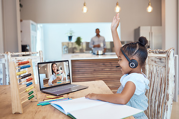 Image showing Homeschool, laptop and teacher with kid, for education and teaching in home. Virtual class, educator and female pupil raise hand with digital device, for lesson and elearning subjects in living room.