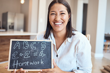 Image showing Teacher, blackboard and black woman for homeschool, with smile and relax. Portrait, female educator and happy with chalk on board for teaching, education or homework for training, happiness and draw