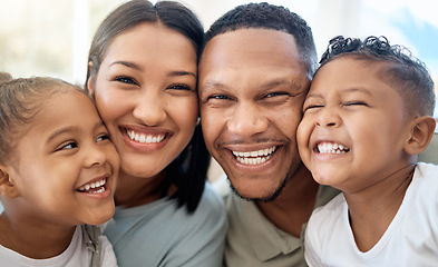 Image showing Portrait of love, black family and happy smile on faces of American group on holiday. Mom, dad and children hug while bonding on vacation together. Mother, father and cute young kids enjoy childhood