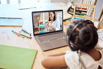 Image showing Kid student, study online with laptop and learning mathematics, counting and numbers with digital teacher. Elearning course, abacus and child listening to lecture on headphones on a living room table